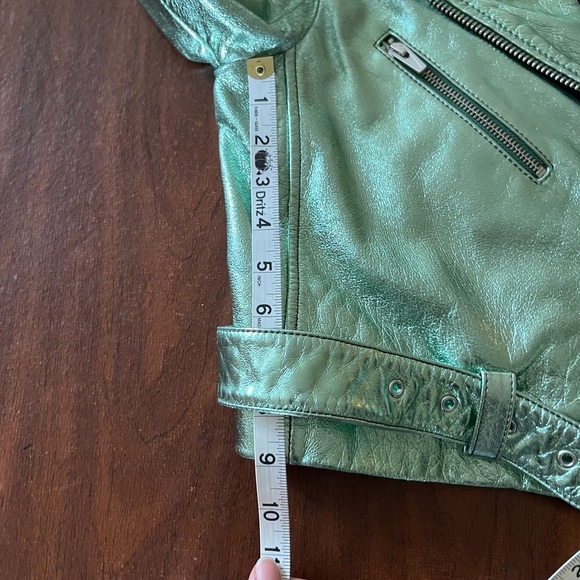 VEDA Women's Light Green Metallic 100% Genuine Lamb Leather Moto Jacket NEW - Picture 8 of 9